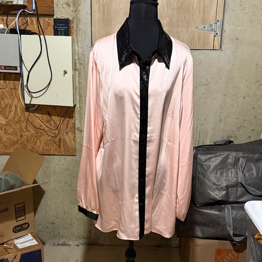 Joan Rivers Blush Satin Blouse with Black Trim Lg